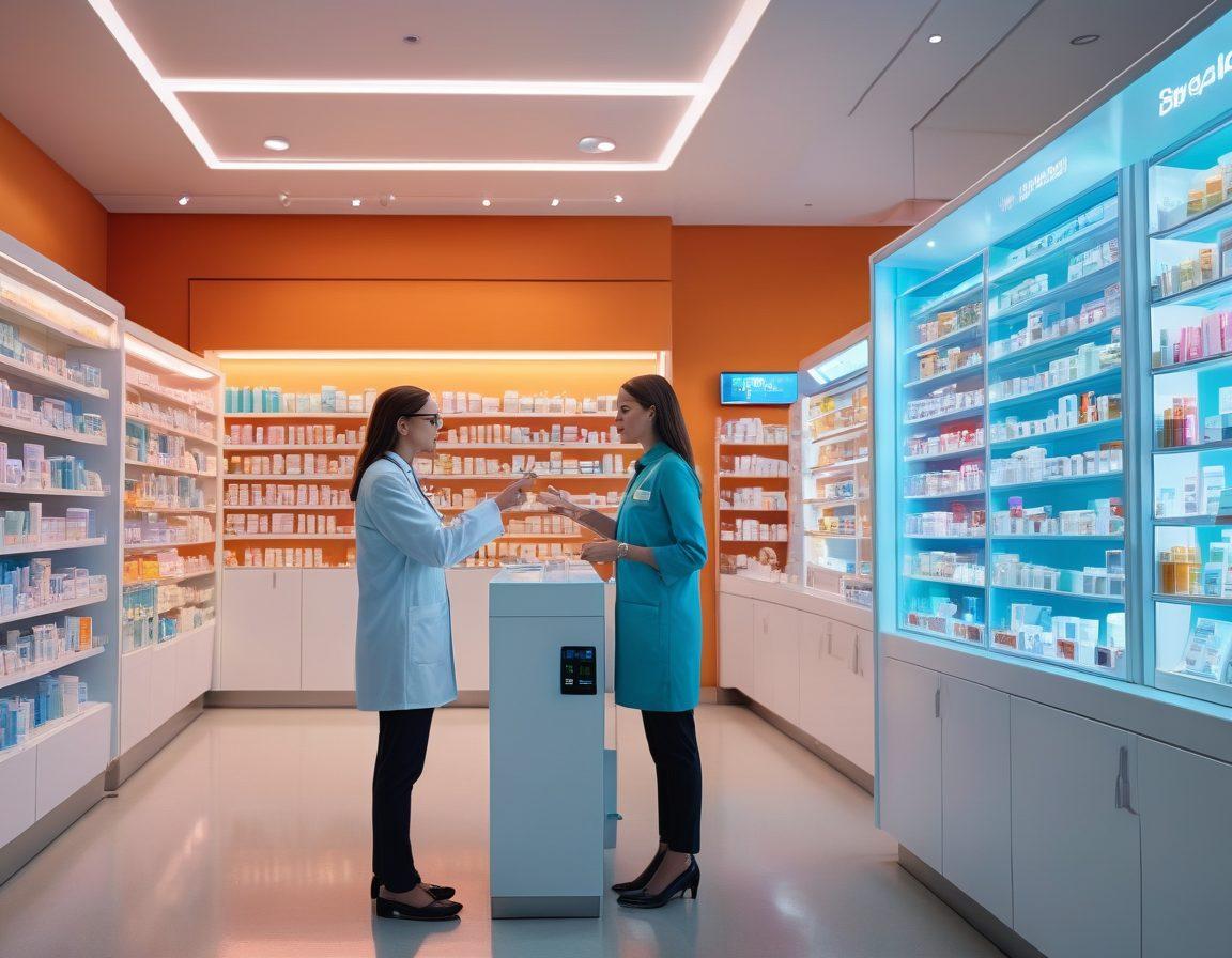 A futuristic digital drugstore scene featuring a holographic display of various medications, with a diverse range of people engaging with interactive kiosks. The atmosphere should be bright and inviting, emphasizing technology in pharmaceutical care. Include elements like virtual prescription labels and a health consultant interacting with a patient. super-realistic. vibrant colors.