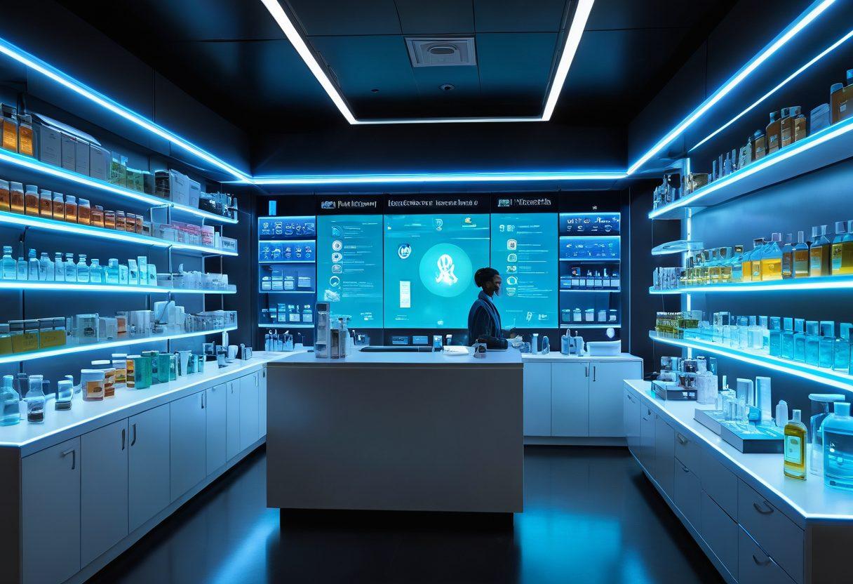 A futuristic virtual pharmacy scene showcasing holographic medical displays, an avatar pharmacist assisting a diverse group of patients through a digital interface, shelves filled with glowing prescription bottles, and vibrant health-themed graphics surrounding the environment. Incorporate elements of technology such as augmented reality tools and mobile health apps. super-realistic. vibrant colors. cyberpunk.
