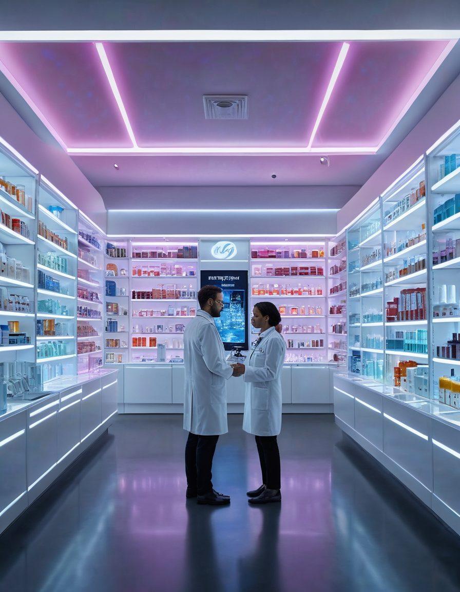 A futuristic pharmacy with a glowing virtual interface, showcasing a friendly pharmacist consulting a diverse group of people via holographic screens. Include shelves filled with colorful medicine bottles and wellness products in the background. Emphasize a sense of warmth, innovation, and accessibility in healthcare. Bright, soothing colors that evoke trust and well-being. super-realistic. vibrant colors.
